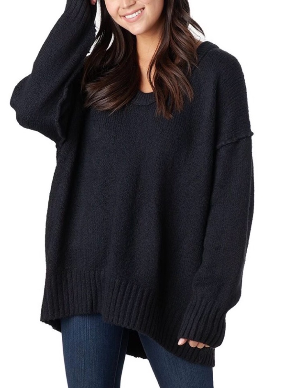 Free People Brookside Black Slouchy Oversized V Neck Sweater Cozy